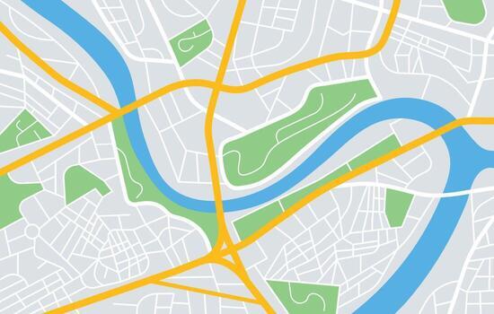 Aerial-style map with a winding blue river cutting diagonally across grey urban streets, highlighted in yellow, interspersed with green parks and open spaces.